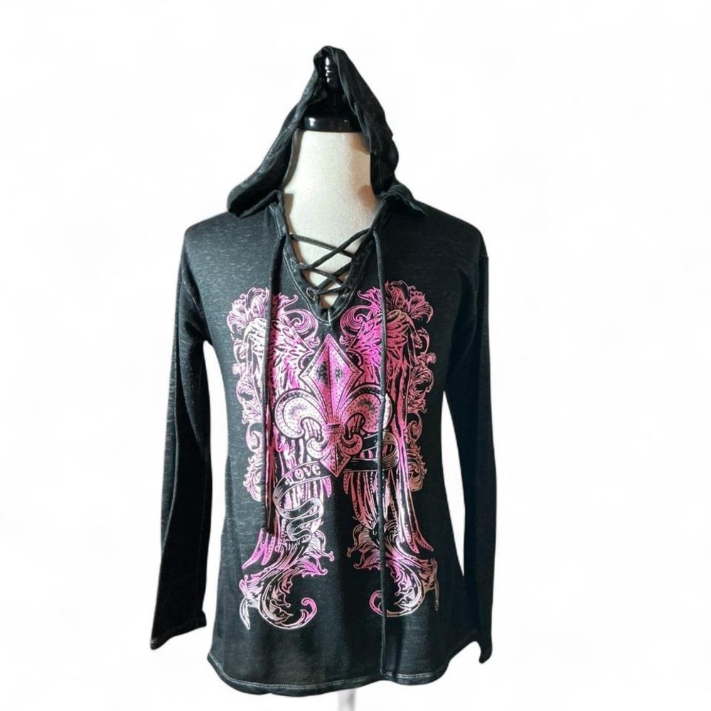 Y2K Ransom Women's Charcoal Gray Punk Fleur‎ de Lis Lace Up Hooded Top Size M